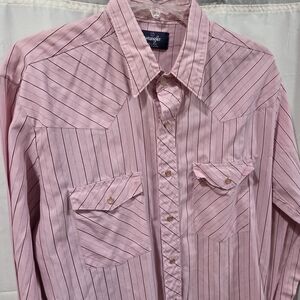Wrangler Vintage Pink Stripe Western Shirt Mens LT Pearl Snap Cowboy Ranch *FLAW